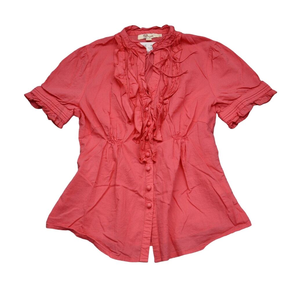 Aryeh Shirt Womens L Pink Short Sleeve Button Tie Ruffle Cotton Blouse